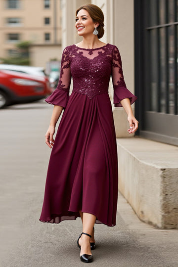 Cabernet Applique A Line Tea Length Mother of the Bride Dress